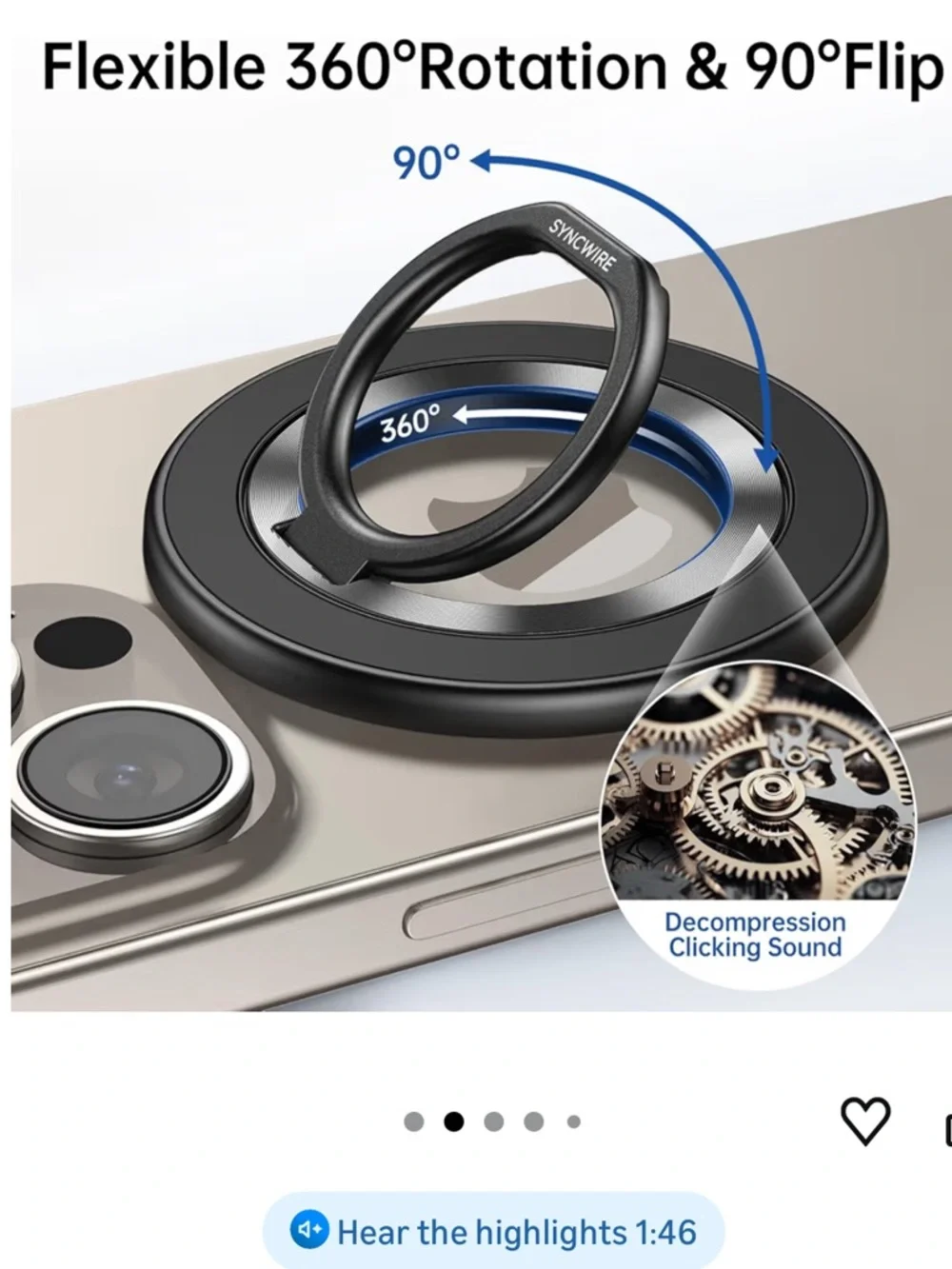 Syncwire Black Magnetic iPhone Ring Holder with Rotating Kickstand, NIB